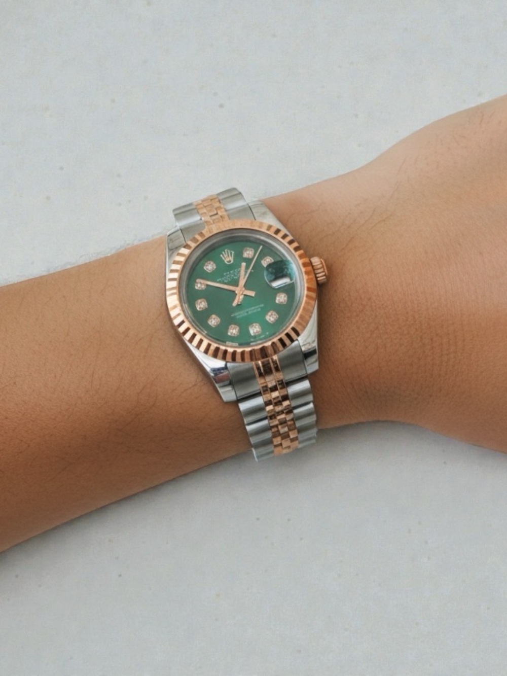 Rolex Rose Gold Tone & Stainless Steel Green Dial Watch 28mm w/ Box